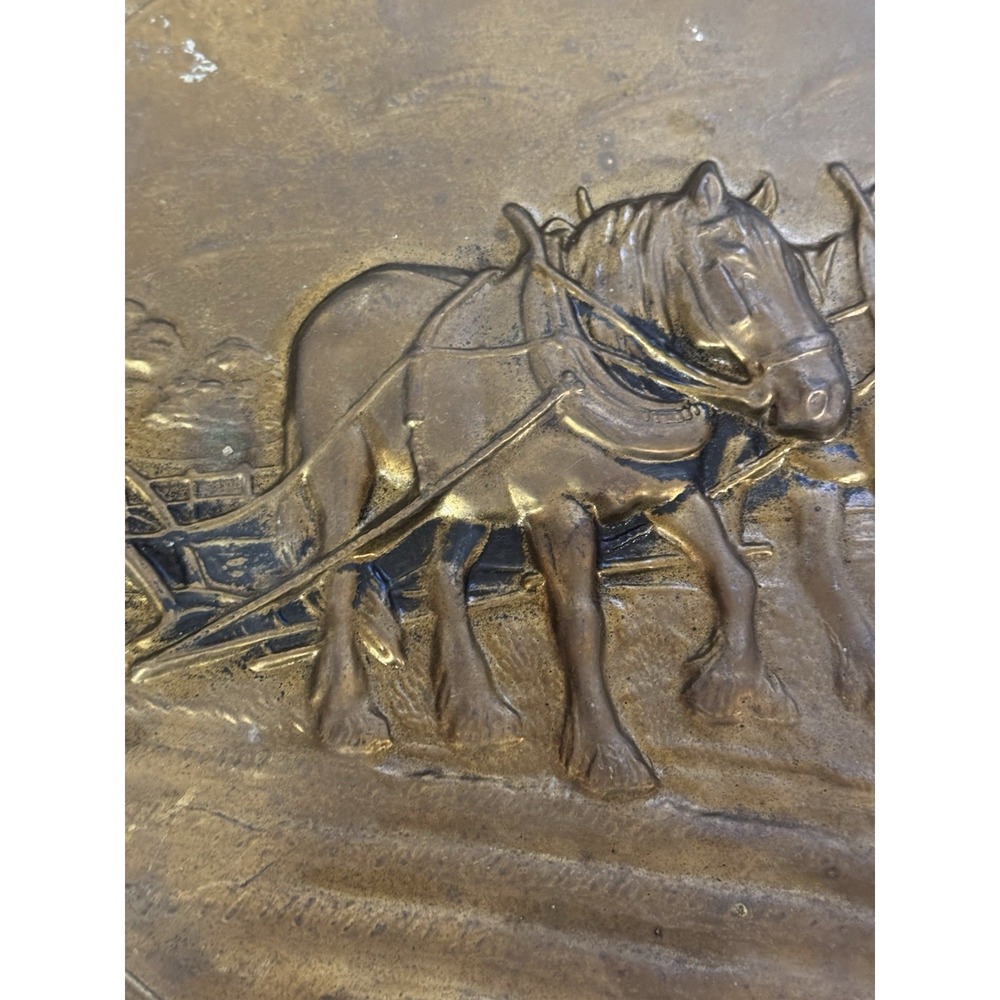 Vintage Embossed Brass Wall Plate Decorative Plate Made in England Horse & Plow - Picture 7 of 16